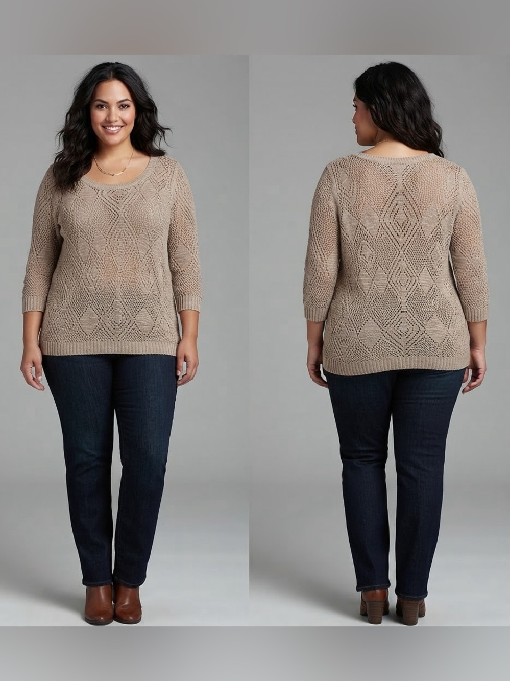 Maurices Open-Knit Diamond Pattern Tan Sweater - Size Large (L)